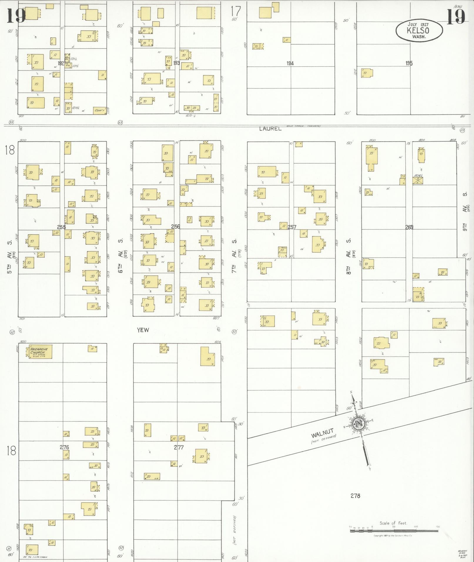 Sanborn Fire Insurance Map from Kelso, Cowlitz County, Washington (1927), Sheet #0019 - Complete Map Set gallery image, historic Sanborn map, vintage wall art, Washington Washington