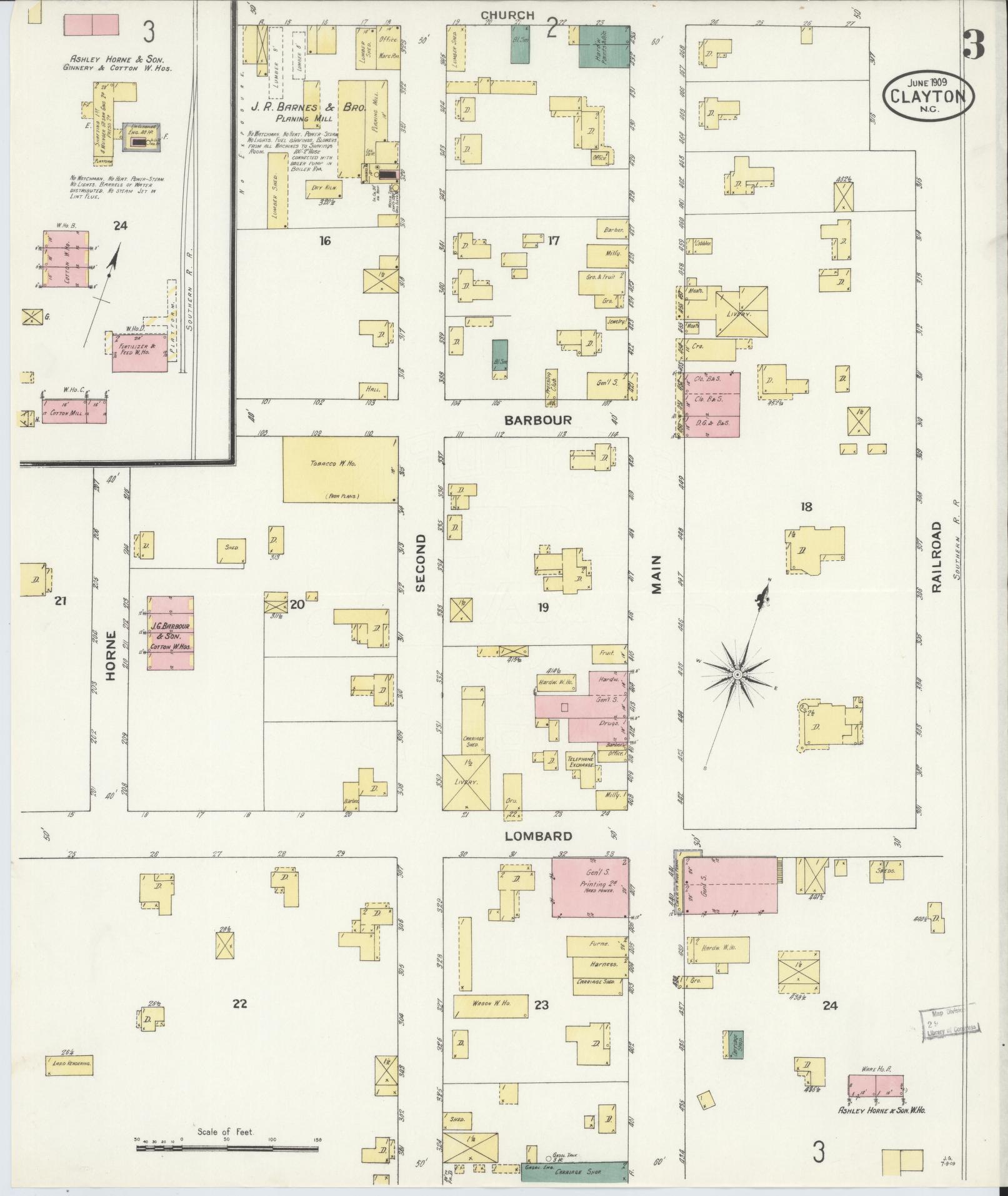 Sanborn Fire Insurance Map from Clayton, Johnston County, North Carolina (1909), Sheet #0003 - Historic Sanborn Fire Insurance Map Print, vintage old map wall art, antique decor, genealogy gift, North Carolina North Carolina map