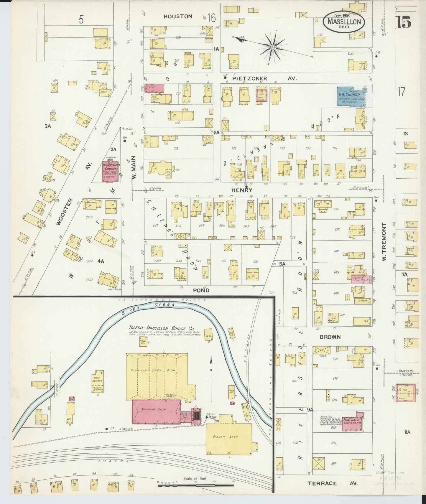 Sanborn Fire Insurance Map from Massillon, Stark County, Ohio (1908), Sheet #0015 - Historic Sanborn Fire Insurance Map Print, vintage old map wall art, antique decor, genealogy gift, Ohio Ohio map
