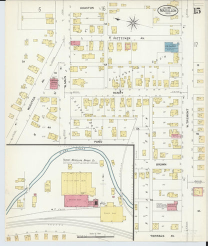 Sanborn Fire Insurance Map from Massillon, Stark County, Ohio (1908), Sheet #0015 - Historic Sanborn Fire Insurance Map Print, vintage old map wall art, antique decor, genealogy gift, Ohio Ohio map