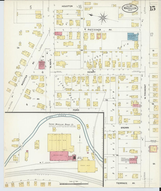 Sanborn Fire Insurance Map from Massillon, Stark County, Ohio (1908), Sheet #0015 - Historic Sanborn Fire Insurance Map Print, vintage old map wall art, antique decor, genealogy gift, Ohio Ohio map