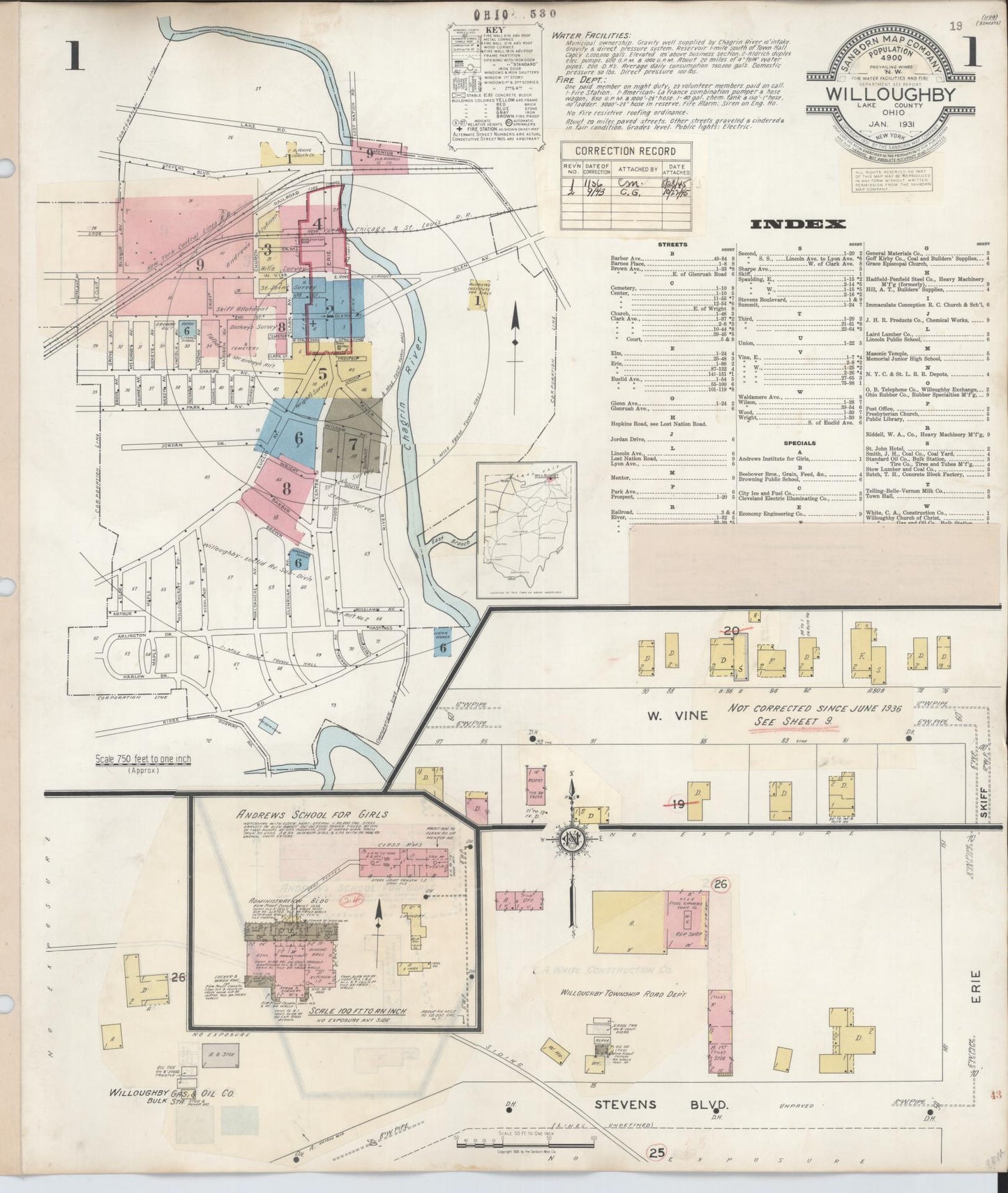 Sanborn Fire Insurance Map from Willoughby, Lake County, Ohio (1943), Sheet #0001 - Historic Sanborn Fire Insurance Map Print, vintage old map wall art, antique decor, genealogy gift, Ohio Ohio map