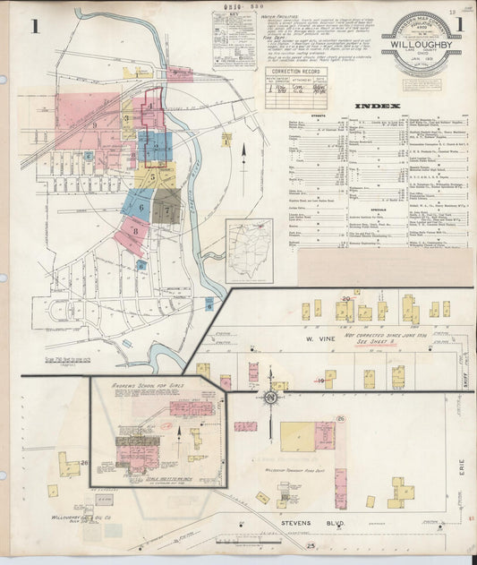 Sanborn Fire Insurance Map from Willoughby, Lake County, Ohio (1943), Sheet #0001 - Historic Sanborn Fire Insurance Map Print, vintage old map wall art, antique decor, genealogy gift, Ohio Ohio map