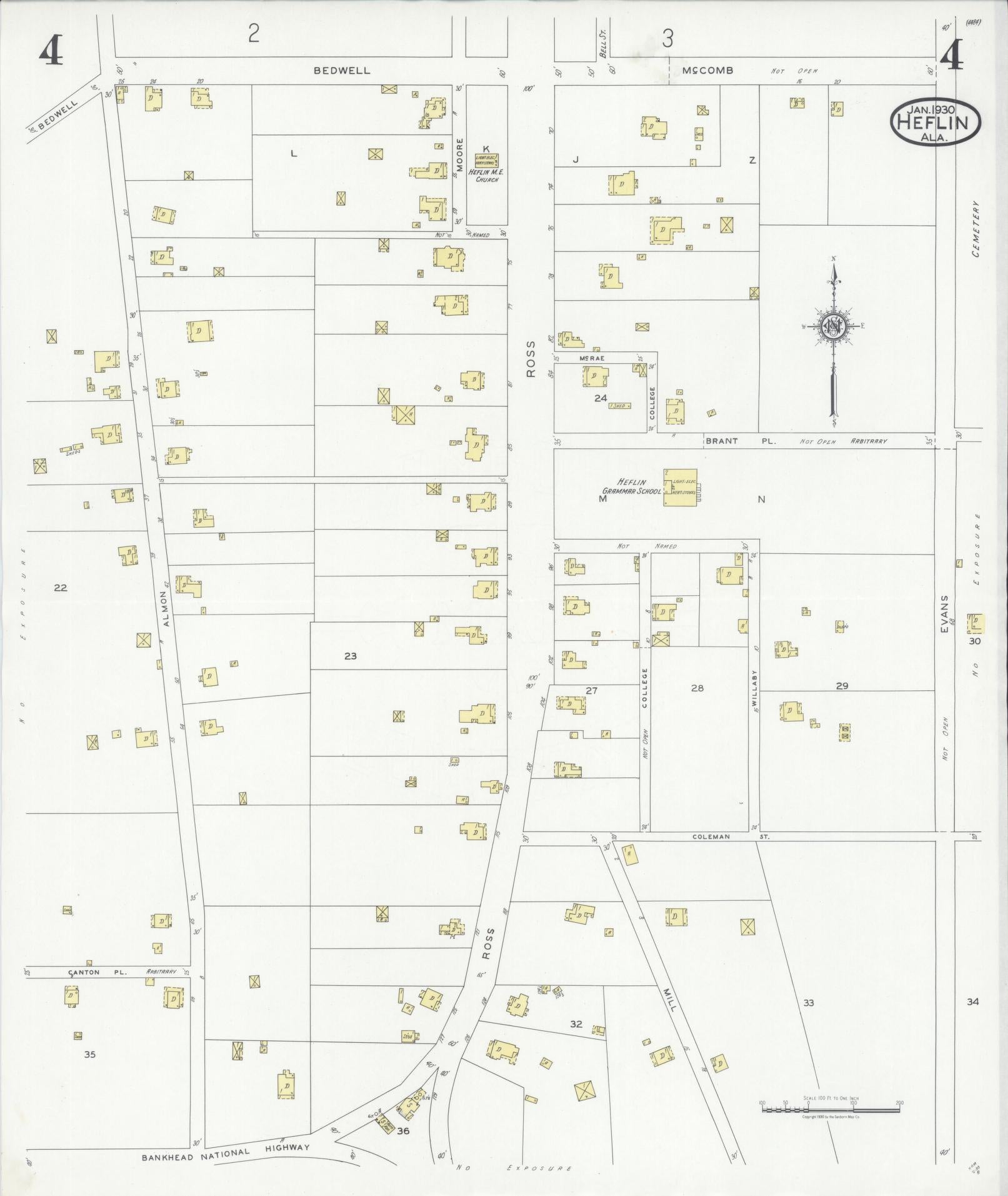 Sanborn Fire Insurance Map from Heflin, Cleburne County, Alabama (1930), Sheet #0004 - Complete Map Set gallery image, historic Sanborn map, vintage wall art, Alabama Alabama