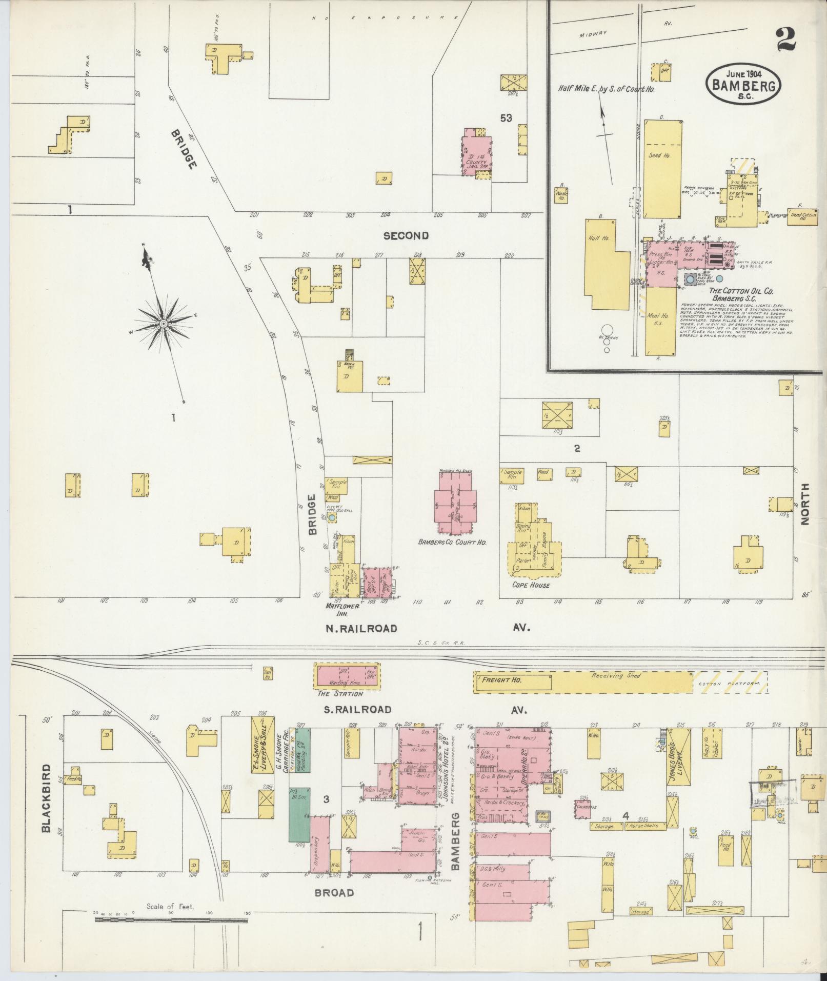 Sanborn Fire Insurance Map from Bamberg, Bamberg County, South Carolina (1904), Sheet #0002 - Complete Map Set gallery image, historic Sanborn map, vintage wall art, South Carolina South Carolina