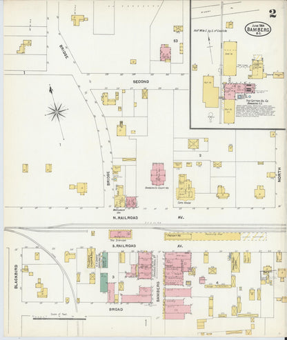 Sanborn Fire Insurance Map from Bamberg, Bamberg County, South Carolina (1904), Sheet #0002 - Complete Map Set gallery image, historic Sanborn map, vintage wall art, South Carolina South Carolina