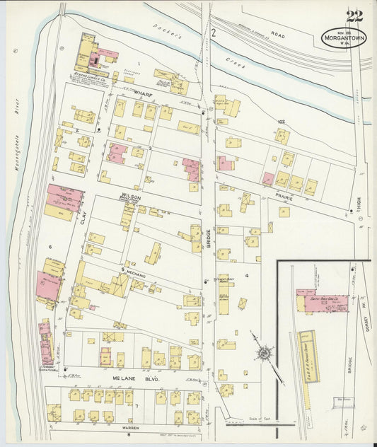 Sanborn Fire Insurance Map from Morgantown, Monongalia County, West Virginia (1911), Sheet #0022 - Historic Sanborn Fire Insurance Map Print, vintage old map wall art, antique decor, genealogy gift, West Virginia West Virginia map