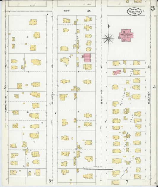 Sanborn Fire Insurance Map from Hastings, Adams County, Nebraska (1905), Sheet #0003 - Historic Sanborn Fire Insurance Map Print, vintage old map wall art, antique decor, genealogy gift, Nebraska Nebraska map