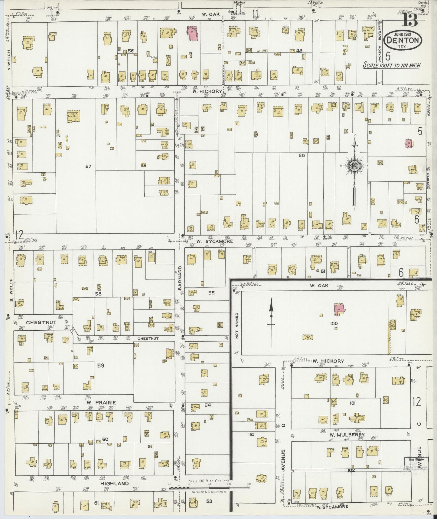 Sanborn Fire Insurance Map from Denton, Denton County, Texas (1921), Sheet #0013 - Complete Map Set gallery image, historic Sanborn map, vintage wall art, Texas Texas