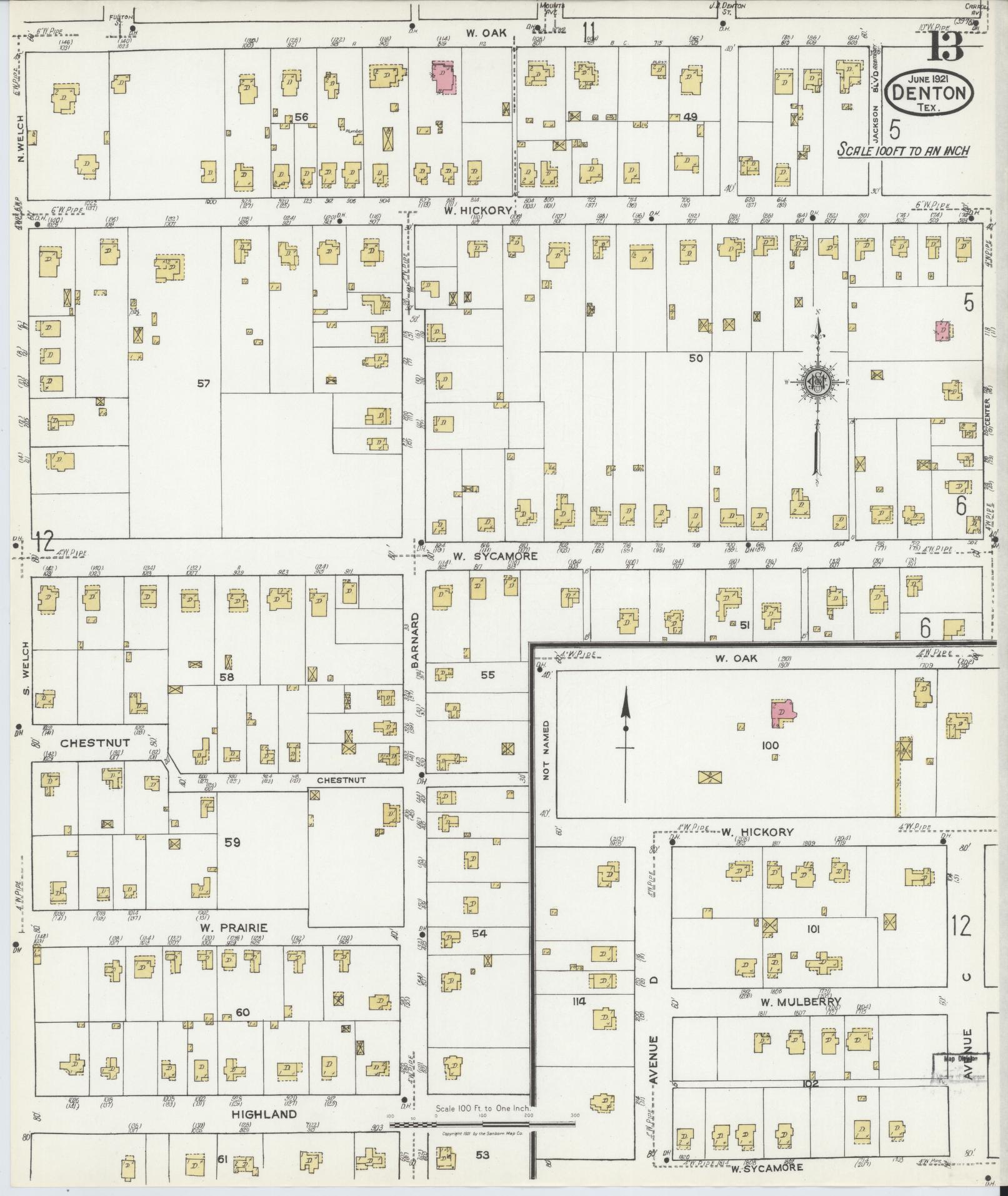 Sanborn Fire Insurance Map from Denton, Denton County, Texas (1921), Sheet #0013 - Complete Map Set gallery image, historic Sanborn map, vintage wall art, Texas Texas