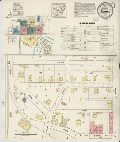 Sanborn Fire Insurance Map from Stamps, Lafayette County, Arkansas (1919), Sheet #0001 - Complete Map Set gallery image, historic Sanborn map, vintage wall art, Arkansas Arkansas