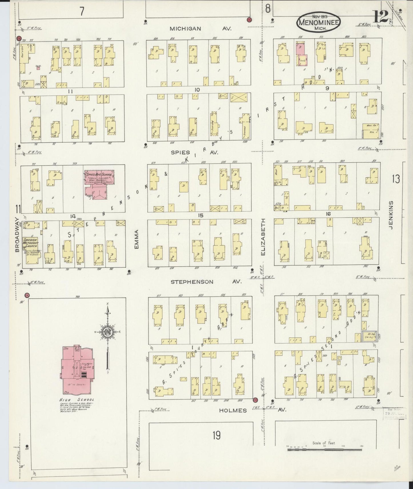 Sanborn Fire Insurance Map from Menominee, Menominee County, Michigan (1913), Sheet #0012 - Historic Sanborn Fire Insurance Map Print, vintage old map wall art, antique decor, genealogy gift, Michigan Michigan map