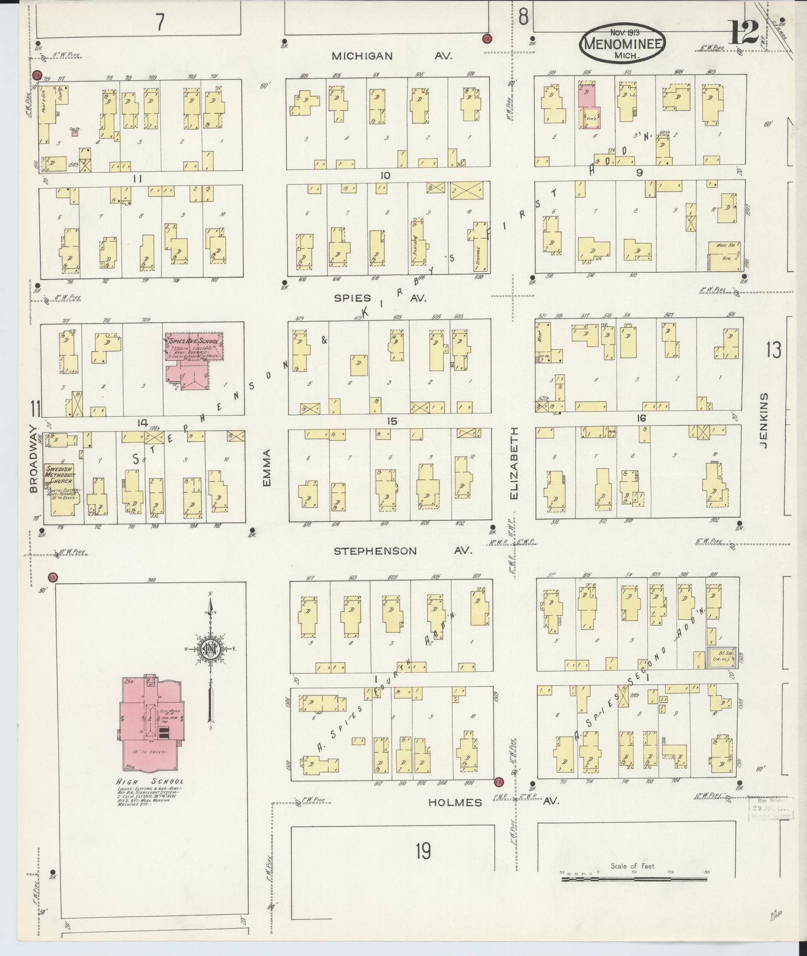 Sanborn Fire Insurance Map from Menominee, Menominee County, Michigan (1913), Sheet #0012 - Historic Sanborn Fire Insurance Map Print, vintage old map wall art, antique decor, genealogy gift, Michigan Michigan map