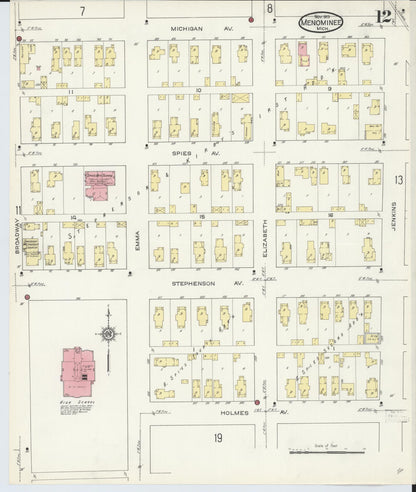 Sanborn Fire Insurance Map from Menominee, Menominee County, Michigan (1913), Sheet #0012 - Historic Sanborn Fire Insurance Map Print, vintage old map wall art, antique decor, genealogy gift, Michigan Michigan map