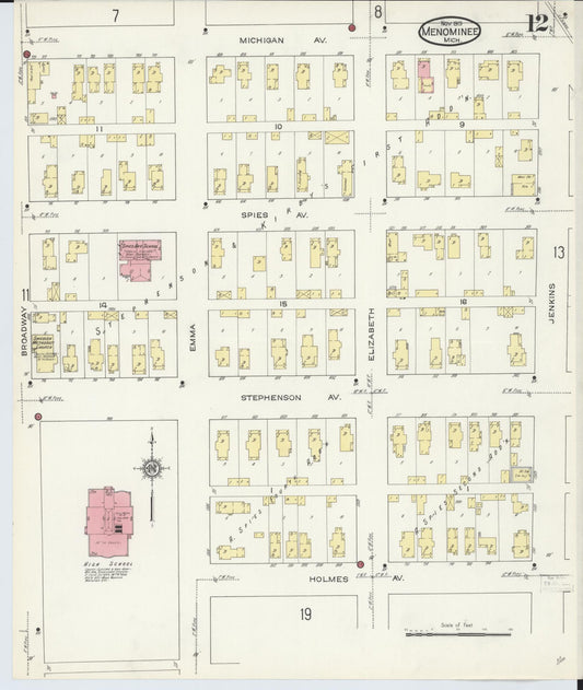 Sanborn Fire Insurance Map from Menominee, Menominee County, Michigan (1913), Sheet #0012 - Historic Sanborn Fire Insurance Map Print, vintage old map wall art, antique decor, genealogy gift, Michigan Michigan map