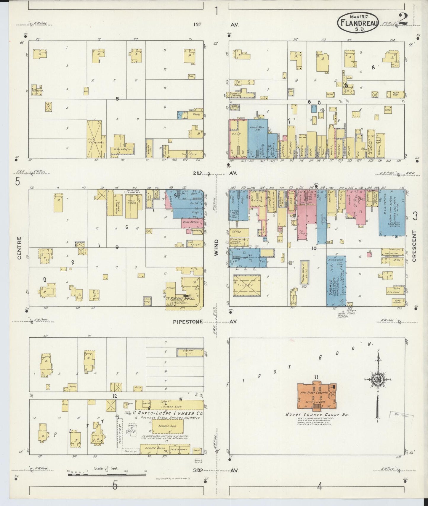 Sanborn Fire Insurance Map from Flandreau, Moody County, South Dakota (1917), Sheet #0002 - Historic Sanborn Fire Insurance Map Print, vintage old map wall art, antique decor, genealogy gift, South Dakota South Dakota map