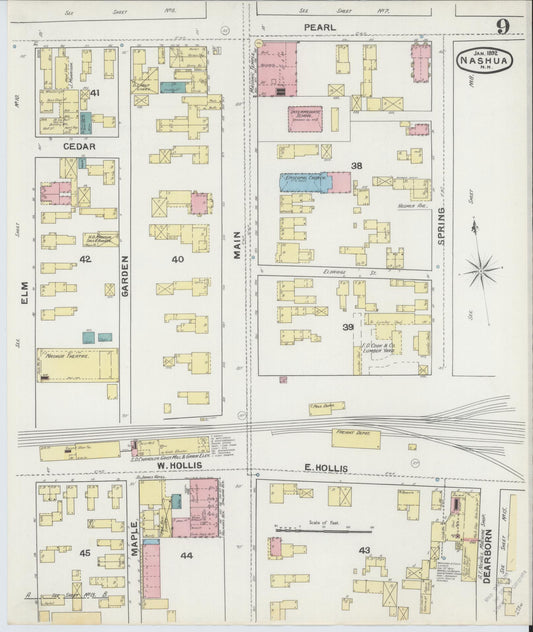Sanborn Fire Insurance Map from Nashua, Hillsborough County, New Hampshire (1892), Sheet #0009 - Historic Sanborn Fire Insurance Map Print, vintage old map wall art, antique decor, genealogy gift, New Hampshire New Hampshire map