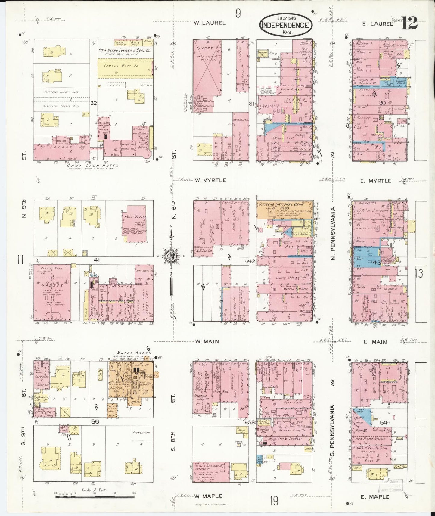 Sanborn Fire Insurance Map from Independence, Montgomery County, Kansas (1916), Sheet #0012 - Historic Sanborn Fire Insurance Map Print, vintage old map wall art, antique decor, genealogy gift, Kansas Kansas map
