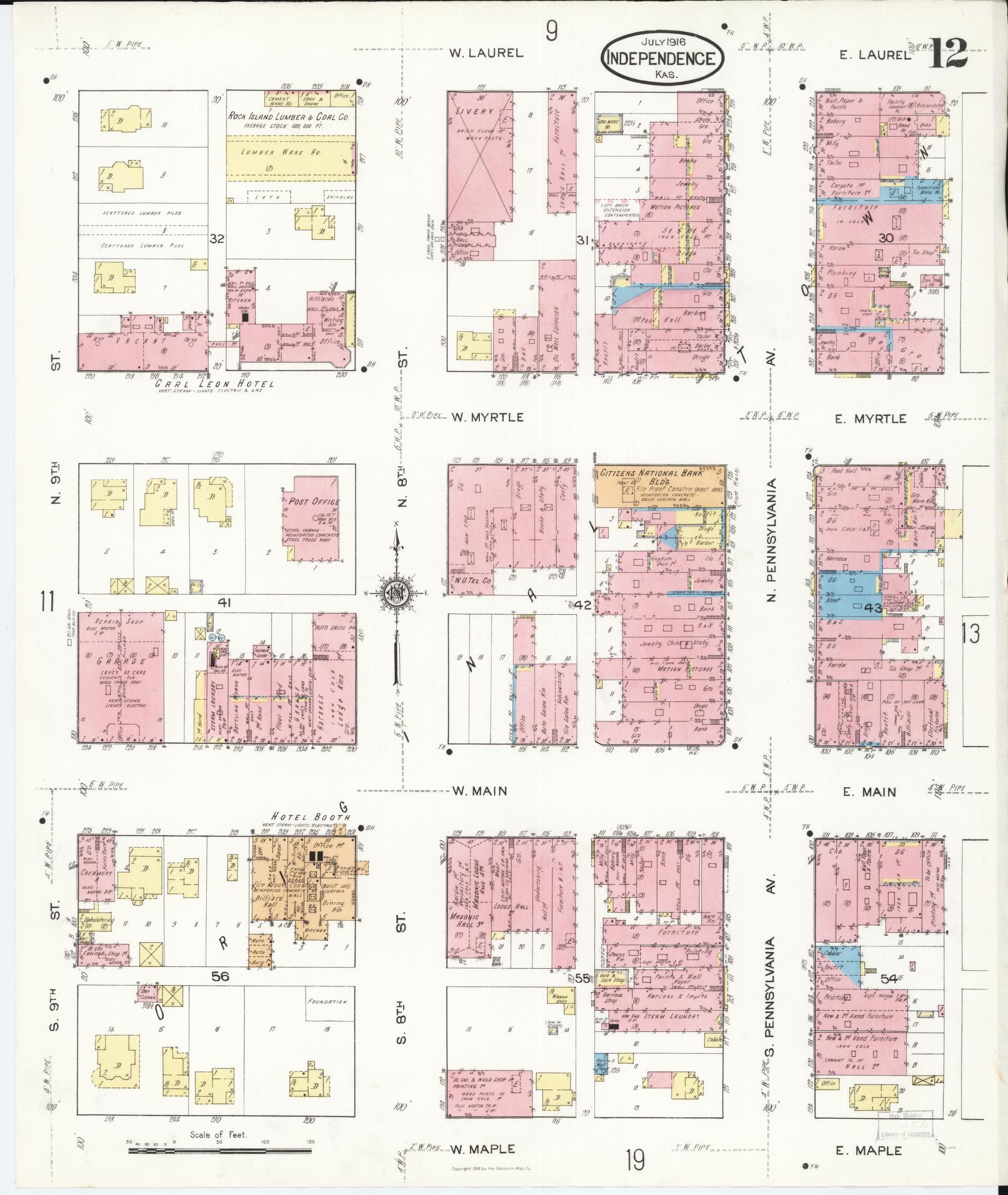 Sanborn Fire Insurance Map from Independence, Montgomery County, Kansas (1916), Sheet #0012 - Historic Sanborn Fire Insurance Map Print, vintage old map wall art, antique decor, genealogy gift, Kansas Kansas map