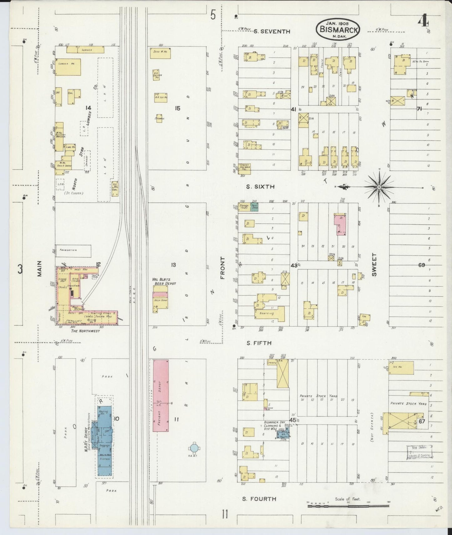 Sanborn Fire Insurance Map from Bismarck, Burleigh County, North Dakota (1906), Sheet #0004 - Complete Map Set gallery image, historic Sanborn map, vintage wall art, North Dakota North Dakota