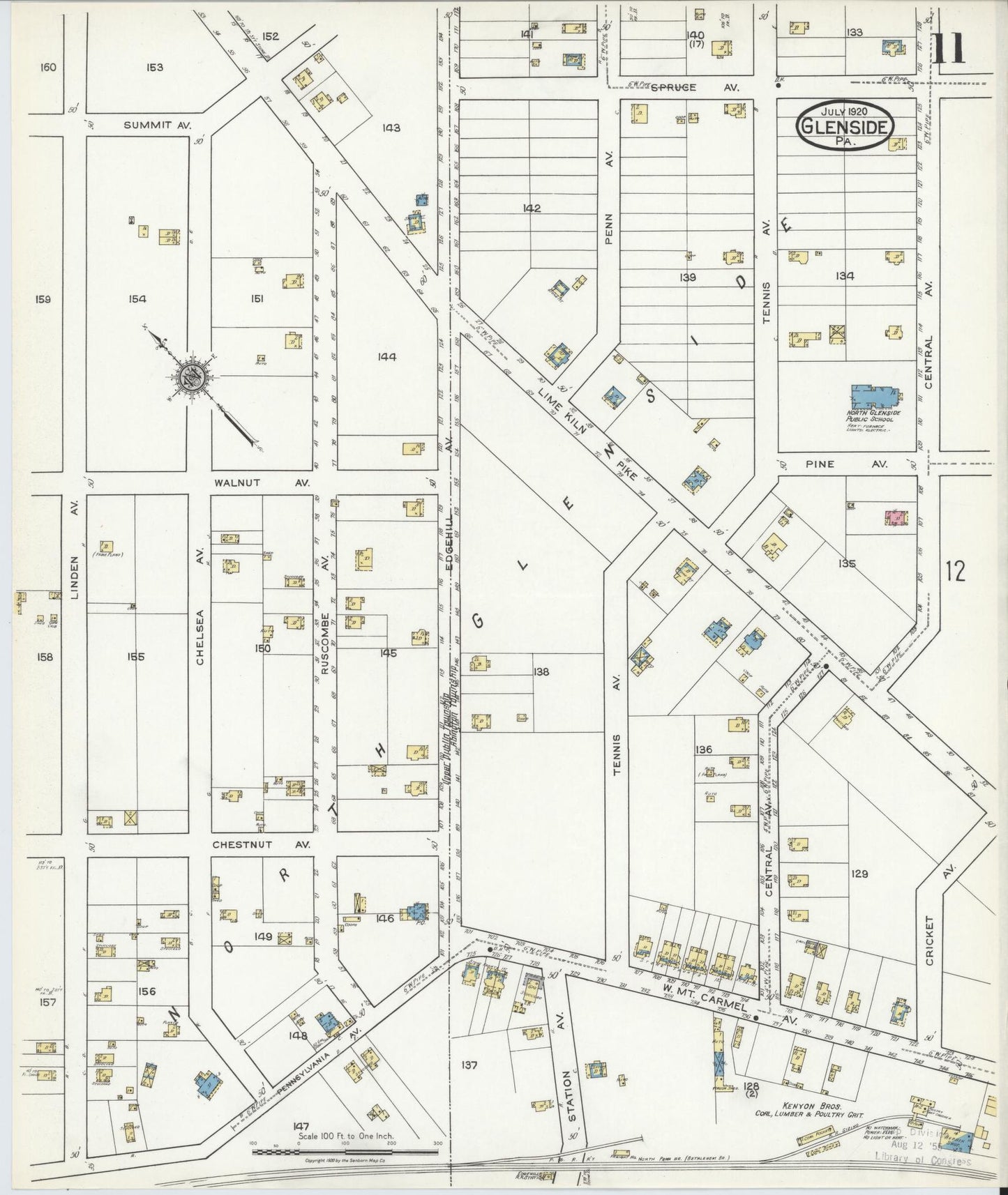 Sanborn Fire Insurance Map from Glenside, Montgomery County, Pennsylvania (1920), Sheet #0011 - Complete Map Set gallery image, historic Sanborn map, vintage wall art, Pennsylvania Pennsylvania