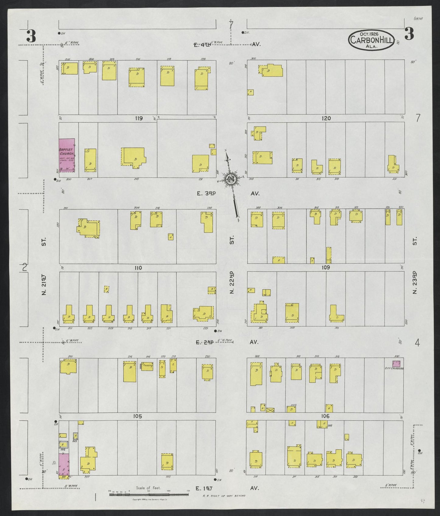 Sanborn Fire Insurance Map from Carbon Hill, Valher County, Alabama (1926), Sheet #0003 - Complete Map Set gallery image, historic Sanborn map, vintage wall art, Alabama Alabama