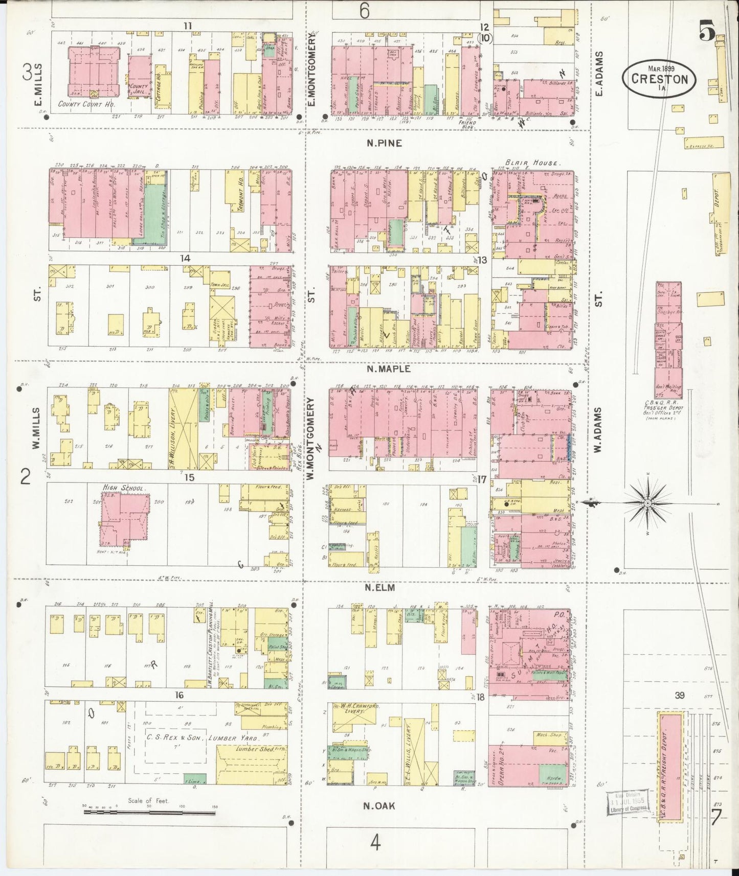 Sanborn Fire Insurance Map from Creston, Union County, Iowa (1899), Sheet #0005 - Historic Sanborn Fire Insurance Map Print, vintage old map wall art