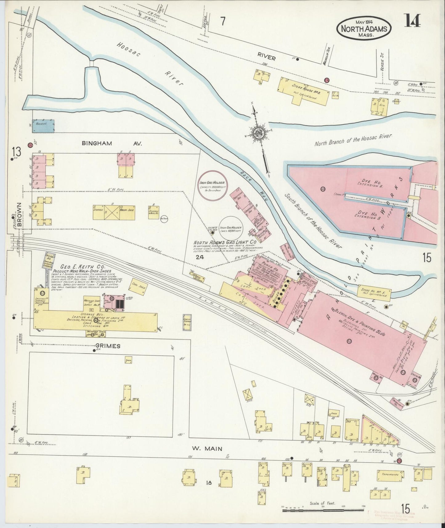 Sanborn Fire Insurance Map from North Adams, Berkshire County, Massachusetts (1914), Sheet #0014 - Historic Sanborn Fire Insurance Map Print, vintage old map wall art, antique decor, genealogy gift, Massachusetts Massachusetts map