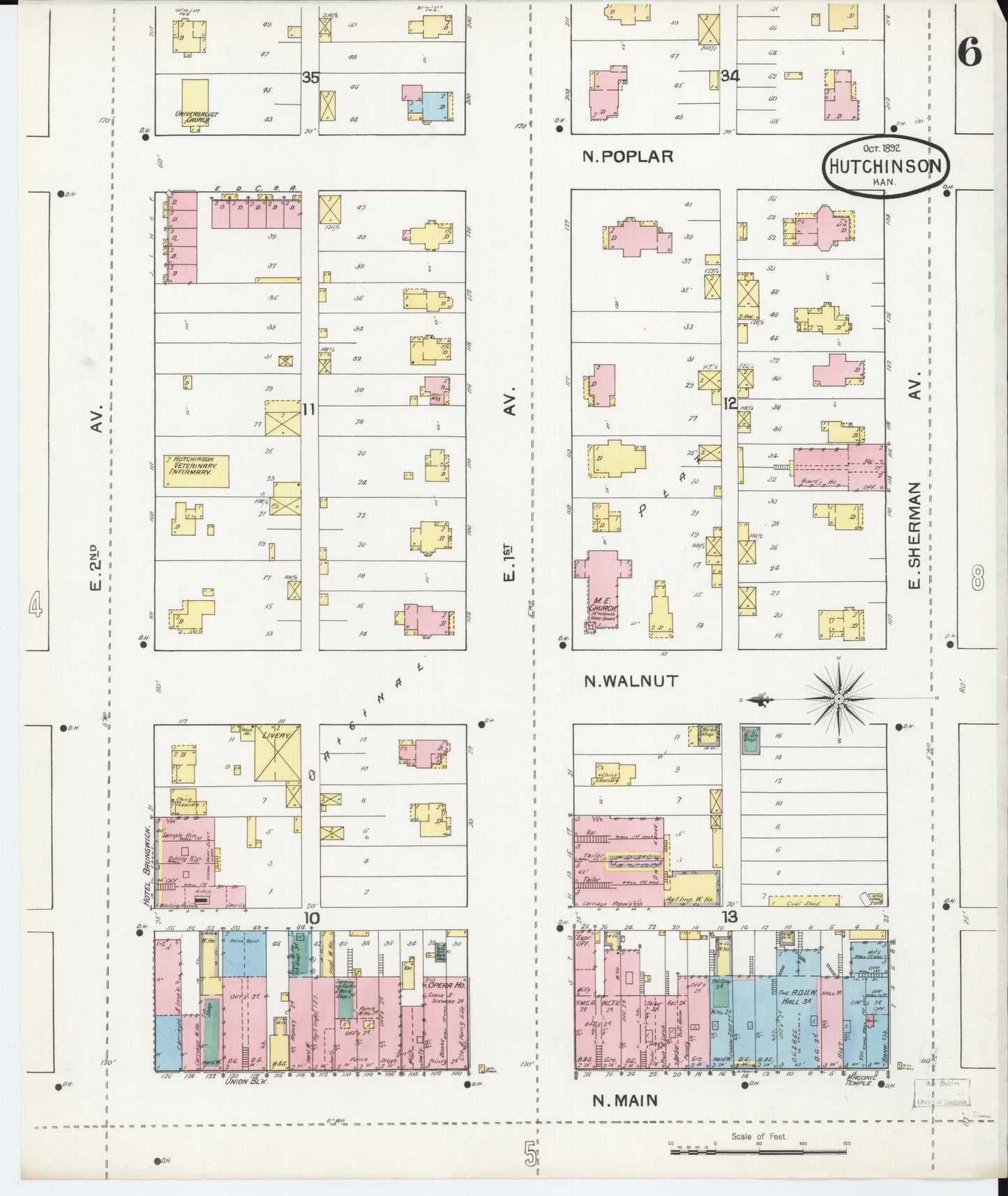 Sanborn Fire Insurance Map from Hutchinson, Reno County, Kansas (1892), Sheet #0006 - Historic Sanborn Fire Insurance Map Print, vintage old map wall art, antique decor, genealogy gift, Kansas Kansas map