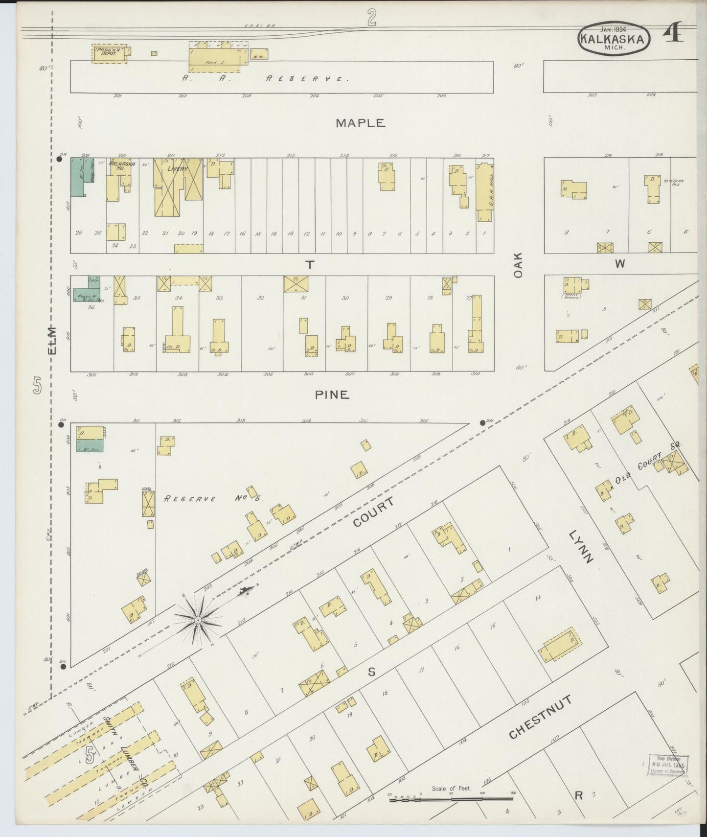 Sanborn Fire Insurance Map from Kalkaska, Kalkaska County, Michigan (1894), Sheet #0004 - Historic Sanborn Fire Insurance Map Print, vintage old map wall art, antique decor, genealogy gift, Michigan Michigan map