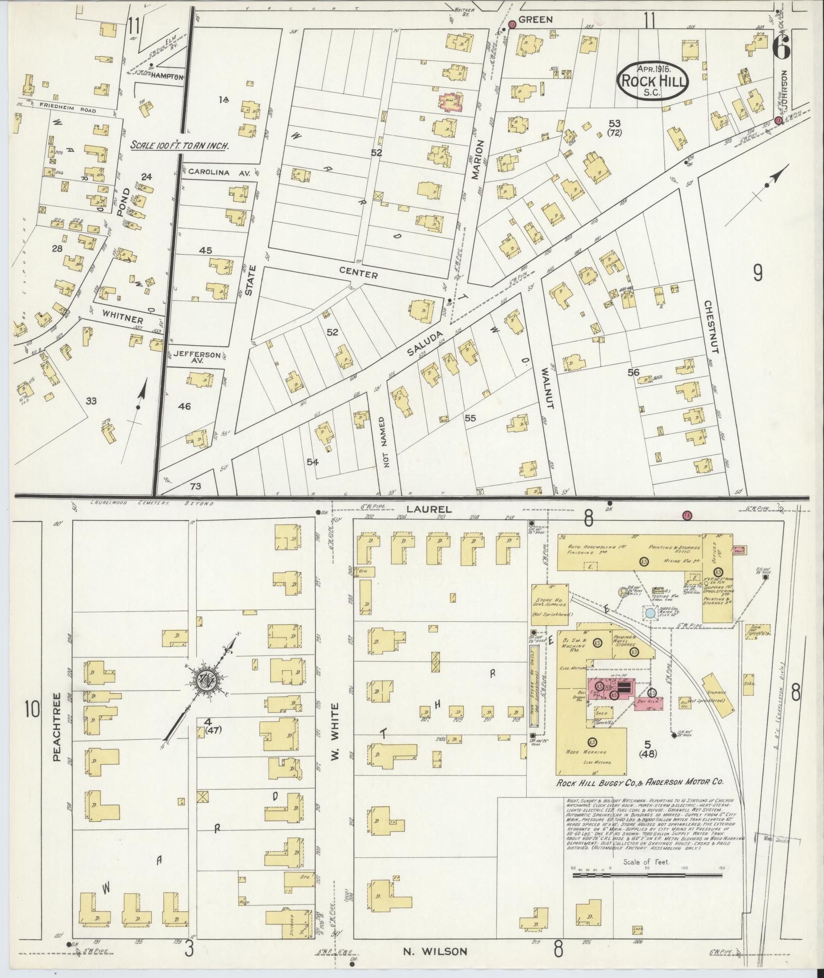 Sanborn Fire Insurance Map from Rock Hill, York County, South Carolina (1916), Sheet #0006 - Complete Map Set gallery image, historic Sanborn map, vintage wall art, South Carolina South Carolina