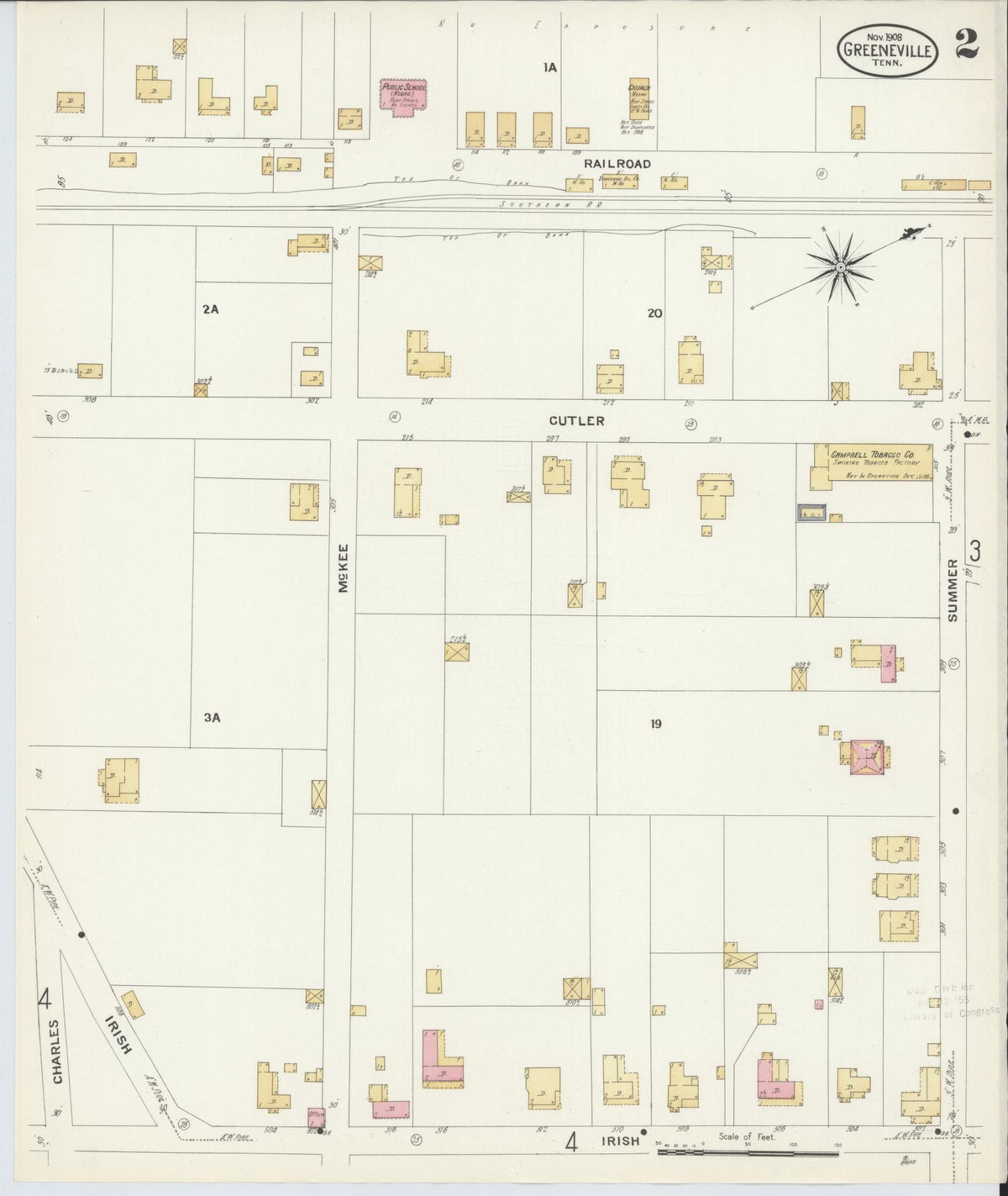 Sanborn Fire Insurance Map from Greeneville, Greene County, Tennessee (1908), Sheet #0002 - Complete Map Set gallery image, historic Sanborn map, vintage wall art, Tennessee Tennessee