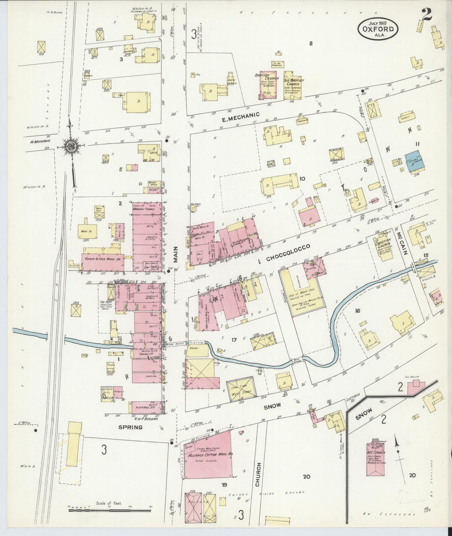 Sanborn Fire Insurance Map from Oxford, Calhoun County, Alabama (1910), Sheet #0002 - Complete Map Set gallery image, historic Sanborn map, vintage wall art, Alabama Alabama