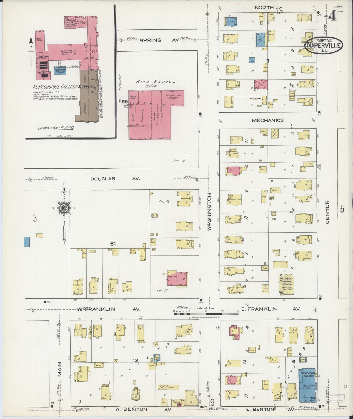 Sanborn Fire Insurance Map from Naperville, Du Page County, Illinois (1921), Sheet #0004 - Complete Map Set gallery image, historic Sanborn map, vintage wall art, Illinois Illinois