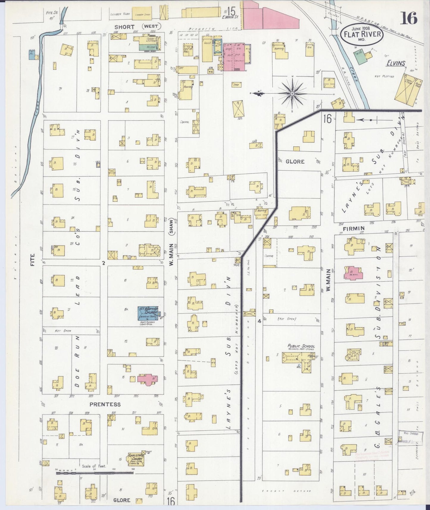 Sanborn Fire Insurance Map from Flat River, Saint Francois County, Missouri (1908), Sheet #0016 - Complete Map Set gallery image, historic Sanborn map, vintage wall art, Missouri Missouri