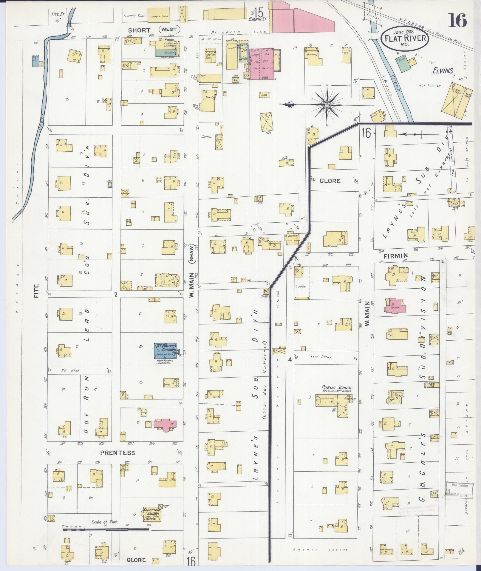 Sanborn Fire Insurance Map from Flat River, Saint Francois County, Missouri (1908), Sheet #0016 - Complete Map Set gallery image, historic Sanborn map, vintage wall art, Missouri Missouri