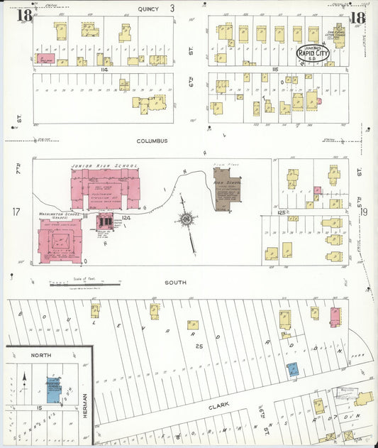 Sanborn Fire Insurance Map from Rapid City, Pennington County, South Dakota (1923), Sheet #0018 - Historic Sanborn Fire Insurance Map Print, vintage old map wall art, antique decor, genealogy gift, South Dakota South Dakota map