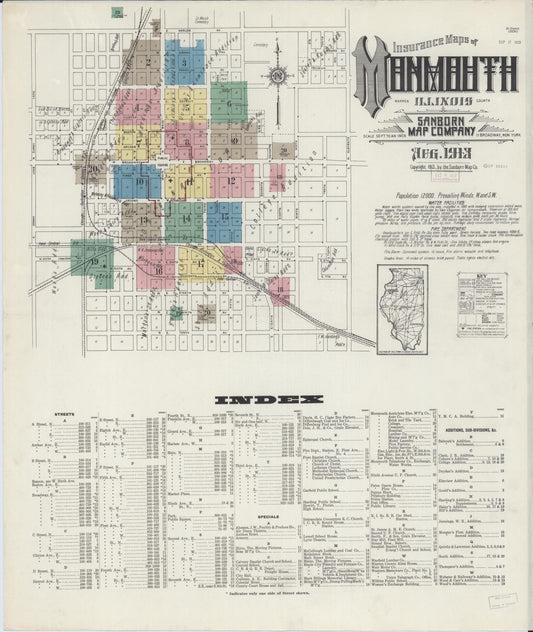 Sanborn Fire Insurance Map from Monmouth, Warren County, Illinois (1913), Sheet #0001 - Historic Sanborn Fire Insurance Map Print, vintage old map wall art, antique decor, genealogy gift, Illinois Illinois map