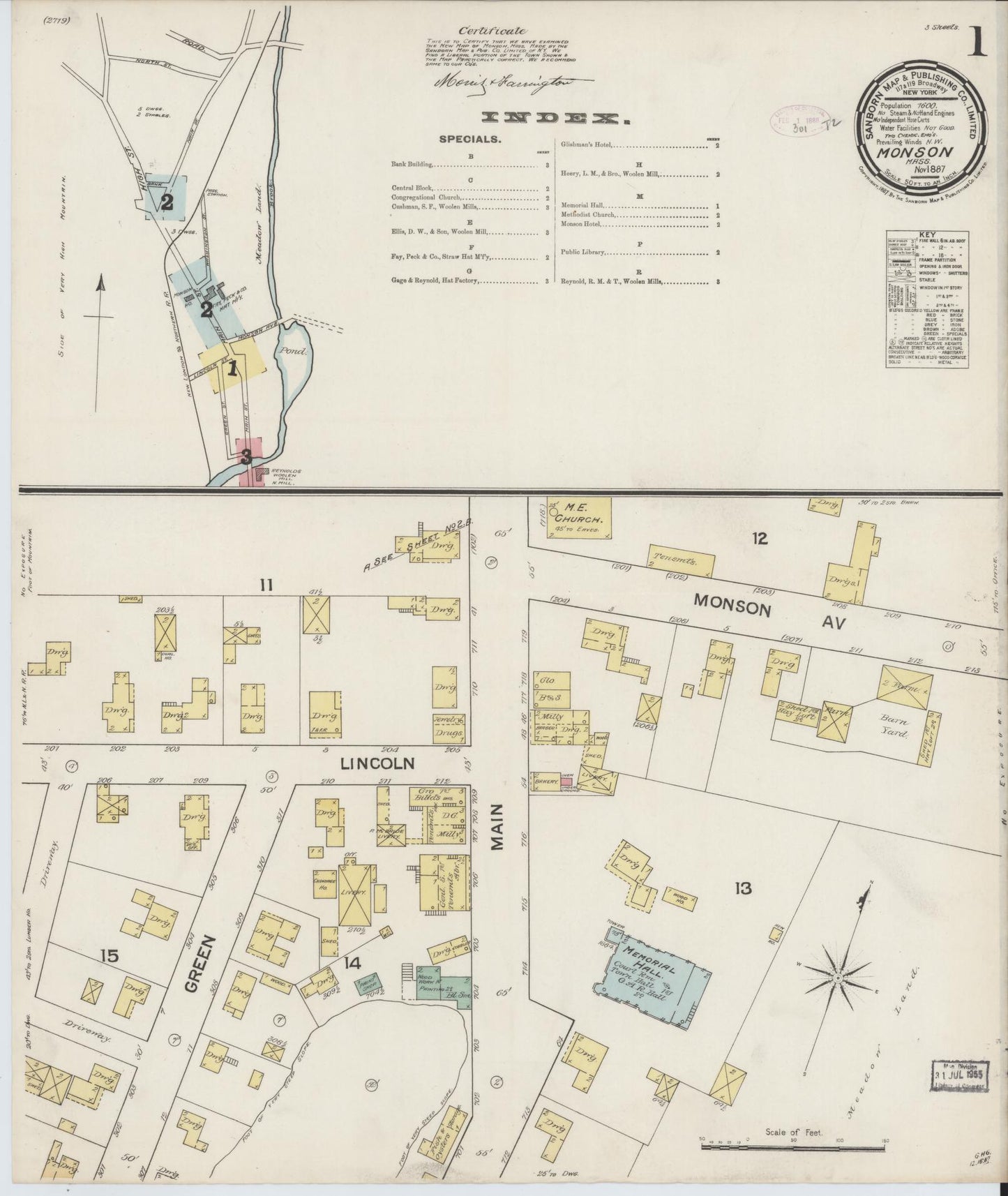 Sanborn Fire Insurance Map from Monson, Hampden County, Massachusetts (1887), Sheet #0001 - Complete Map Set gallery image, historic Sanborn map, vintage wall art, Massachusetts Massachusetts
