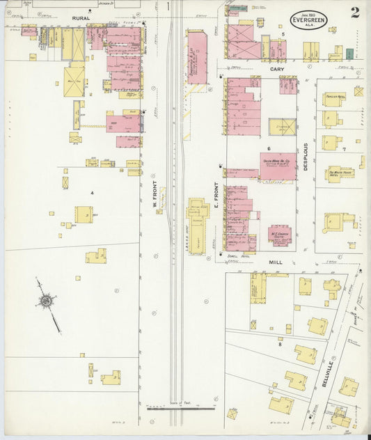 Sanborn Fire Insurance Map from Evergreen, Conecuh County, Alabama (1910), Sheet #0002 - Historic Sanborn Fire Insurance Map Print, vintage old map wall art, antique decor, genealogy gift, Alabama Alabama map