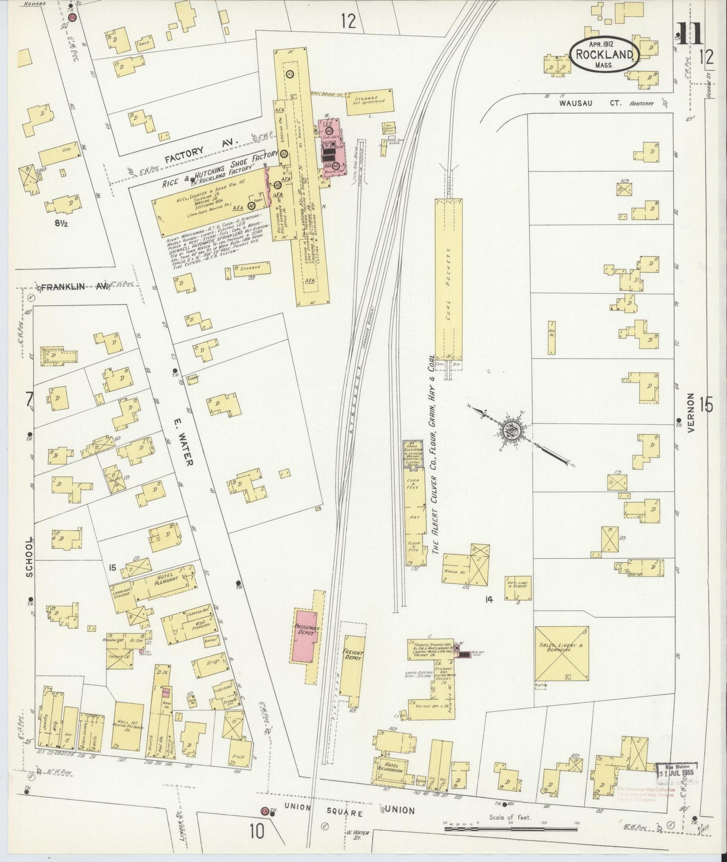 Sanborn Fire Insurance Map from Rockland, Plymouth County, Massachusetts (1912), Sheet #0011 - Historic Sanborn Fire Insurance Map Print, vintage old map wall art, antique decor, genealogy gift, Massachusetts Massachusetts map