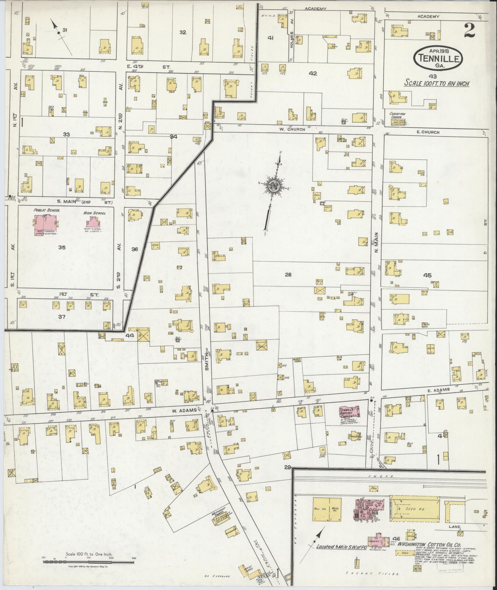 Sanborn Fire Insurance Map from Tennille, Washington County, Georgia (1918), Sheet #0002 - Historic Sanborn Fire Insurance Map Print, vintage old map wall art, antique decor, genealogy gift, Georgia Georgia map