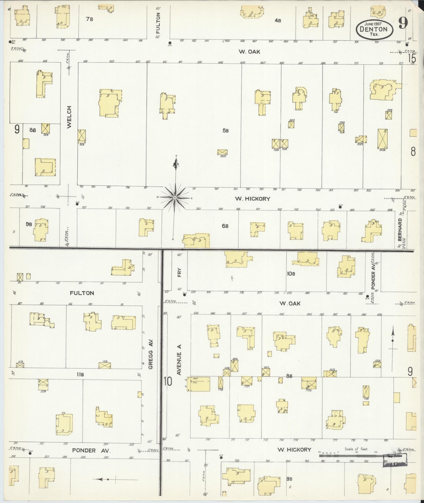 Sanborn Fire Insurance Map from Denton, Denton County, Texas (1907), Sheet #0009 - Historic Sanborn Fire Insurance Map Print, vintage old map wall art, antique decor, genealogy gift, Texas Texas map
