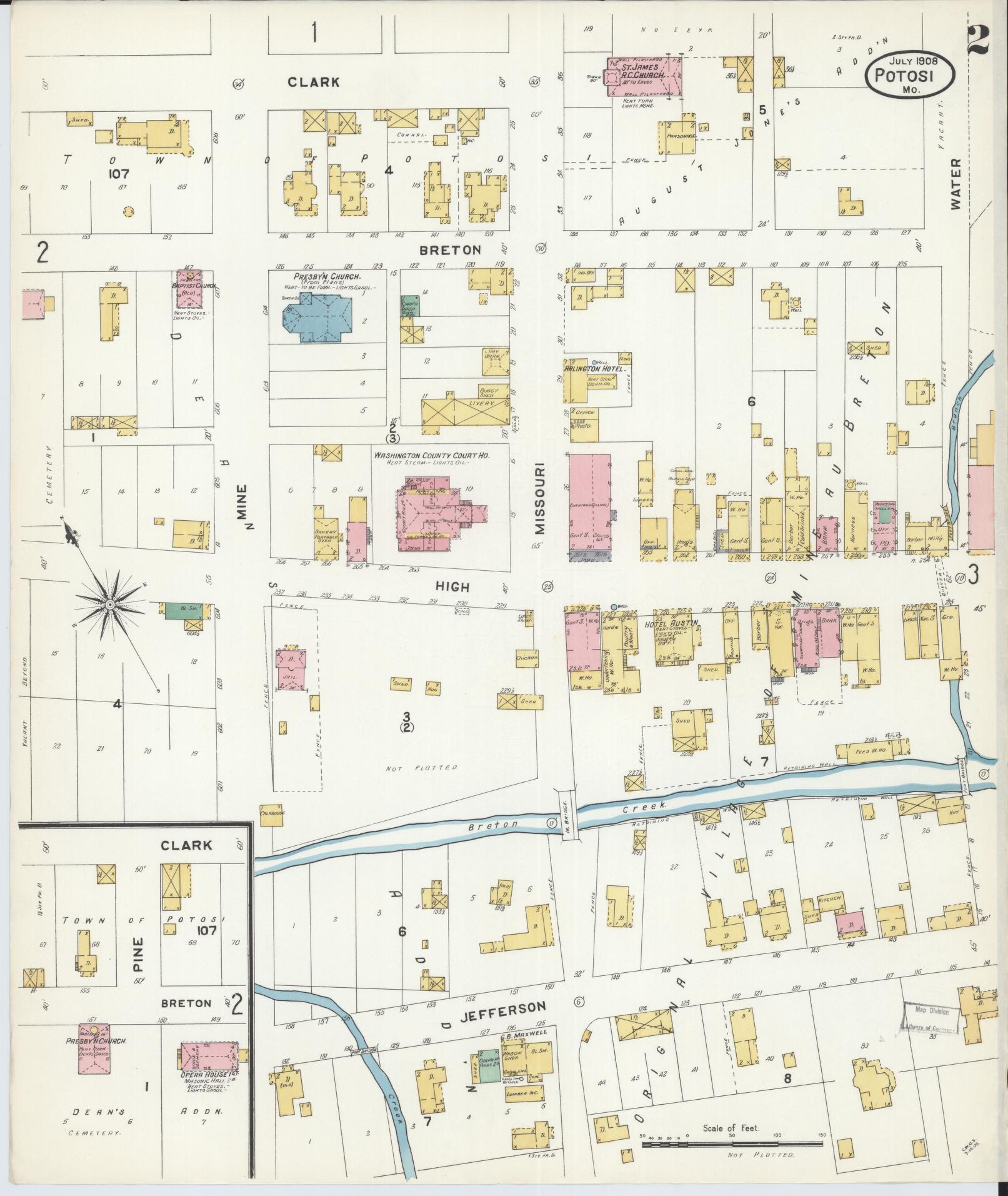 Sanborn Fire Insurance Map from Potosi, Washington County, Missouri (1908), Sheet #0002 - Historic Sanborn Fire Insurance Map Print, vintage old map wall art, antique decor, genealogy gift, Missouri Missouri map