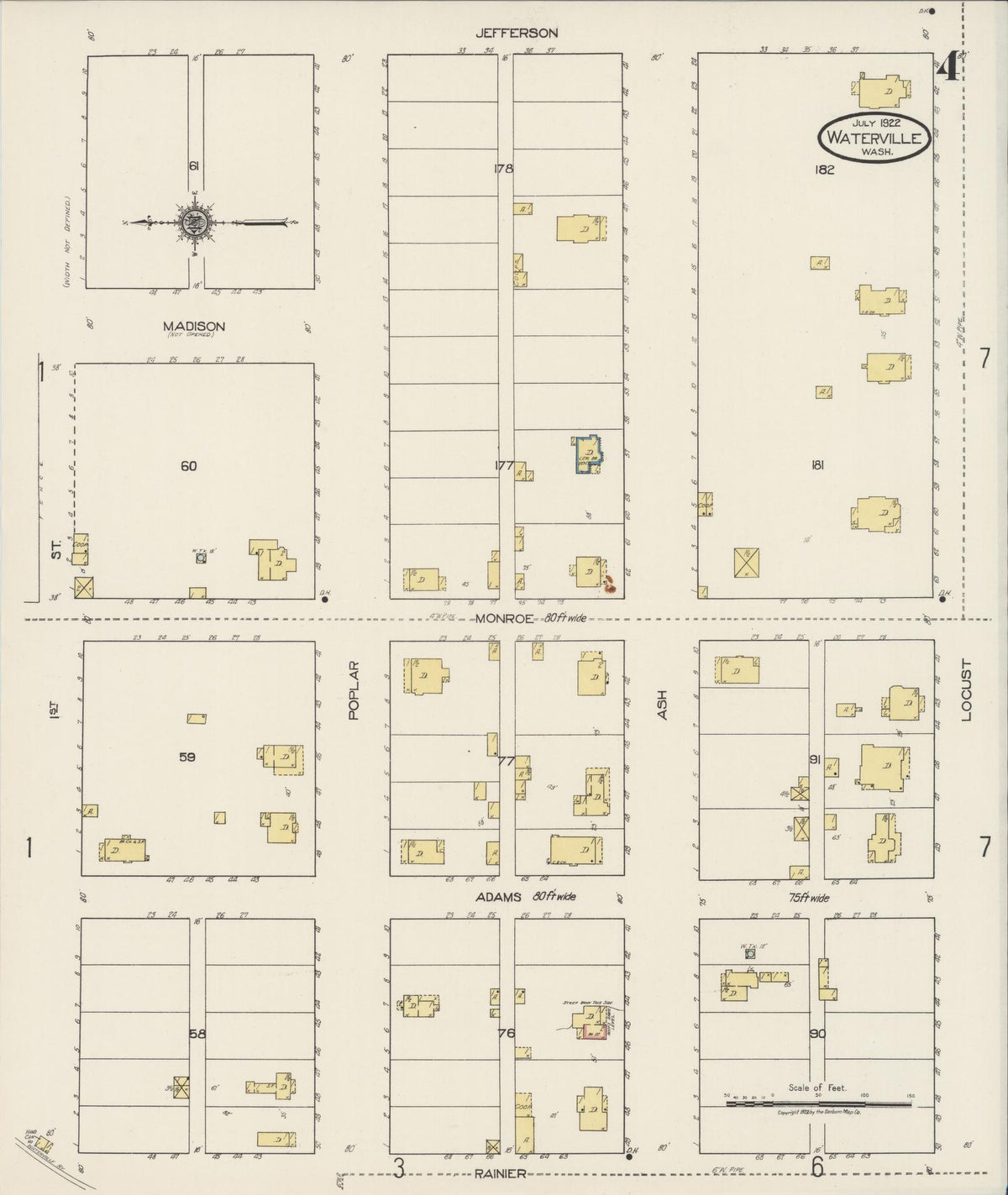 Sanborn Fire Insurance Map from Waterville, Douglas County, Washington (1922), Sheet #0004 - Historic Sanborn Fire Insurance Map Print, vintage old map wall art, antique decor, genealogy gift, Washington Washington map