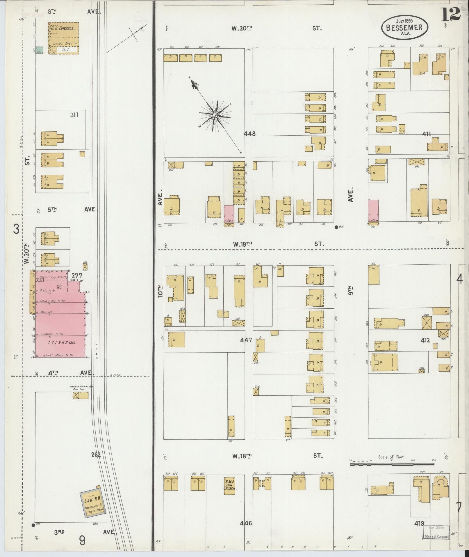 Sanborn Fire Insurance Map from Bessemer, Jefferson County, Alabama (1899), Sheet #0012 - Complete Map Set gallery image, historic Sanborn map, vintage wall art, Alabama Alabama