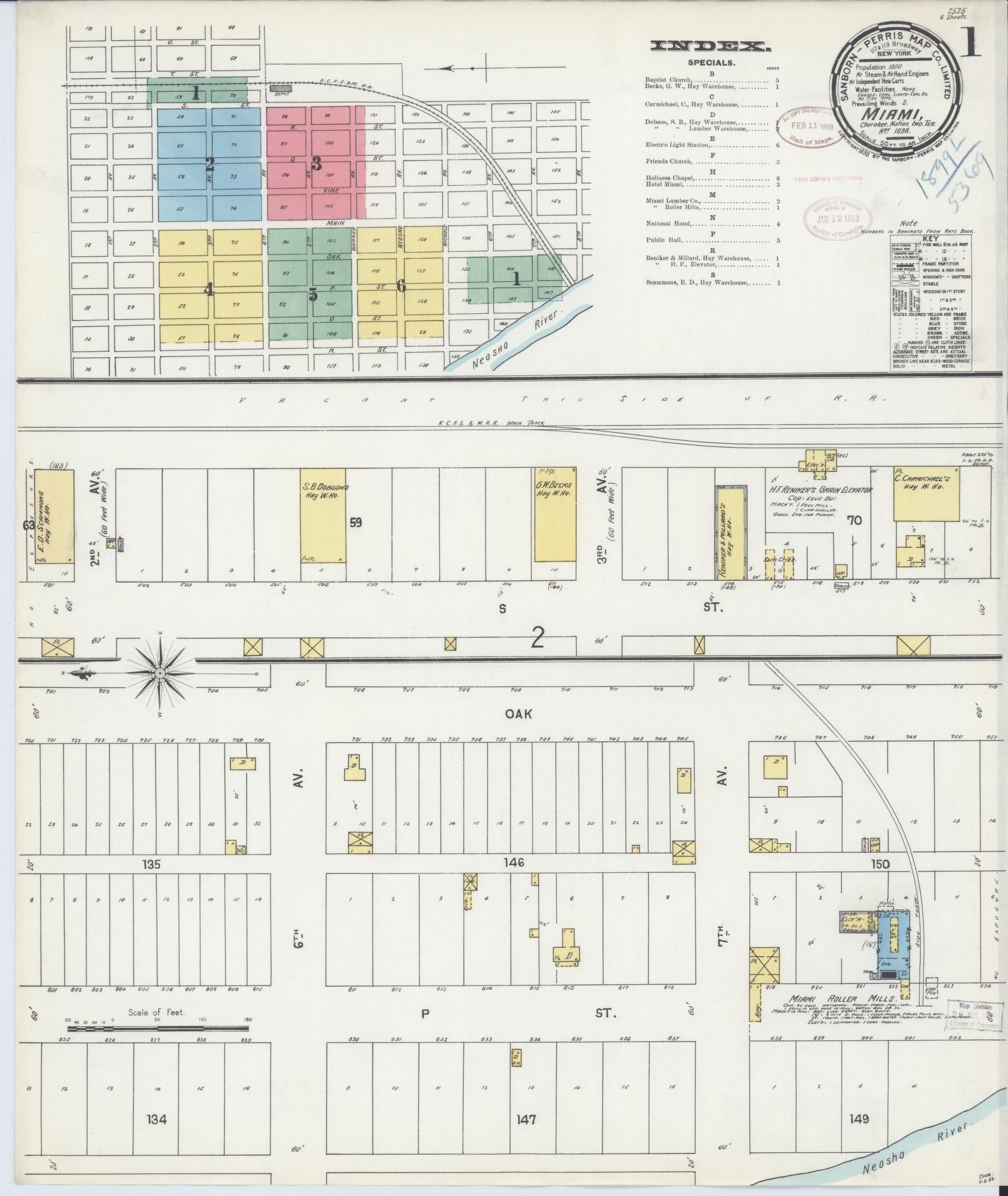 Sanborn Fire Insurance Map from Miami, Ottawa County, Oklahoma (1898), Sheet #0001 - Historic Sanborn Fire Insurance Map Print, vintage old map wall art, antique decor, genealogy gift, Oklahoma Oklahoma map