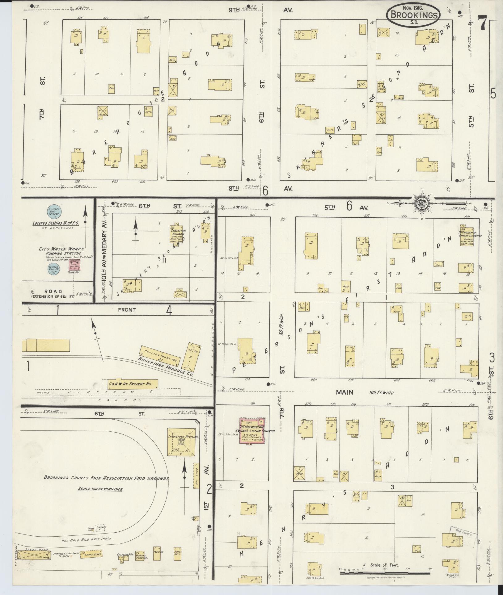 Sanborn Fire Insurance Map from Brookings, Brookings County, South Dakota (1916), Sheet #0007 - Historic Sanborn Fire Insurance Map Print, vintage old map wall art, antique decor, genealogy gift, South Dakota South Dakota map