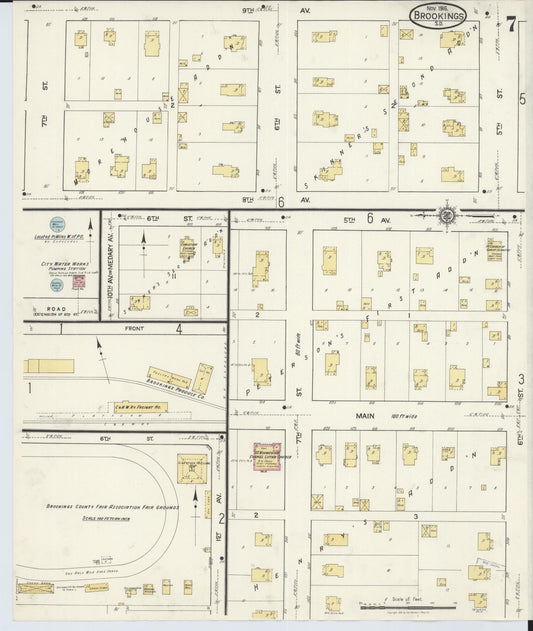 Sanborn Fire Insurance Map from Brookings, Brookings County, South Dakota (1916), Sheet #0007 - Historic Sanborn Fire Insurance Map Print, vintage old map wall art, antique decor, genealogy gift, South Dakota South Dakota map