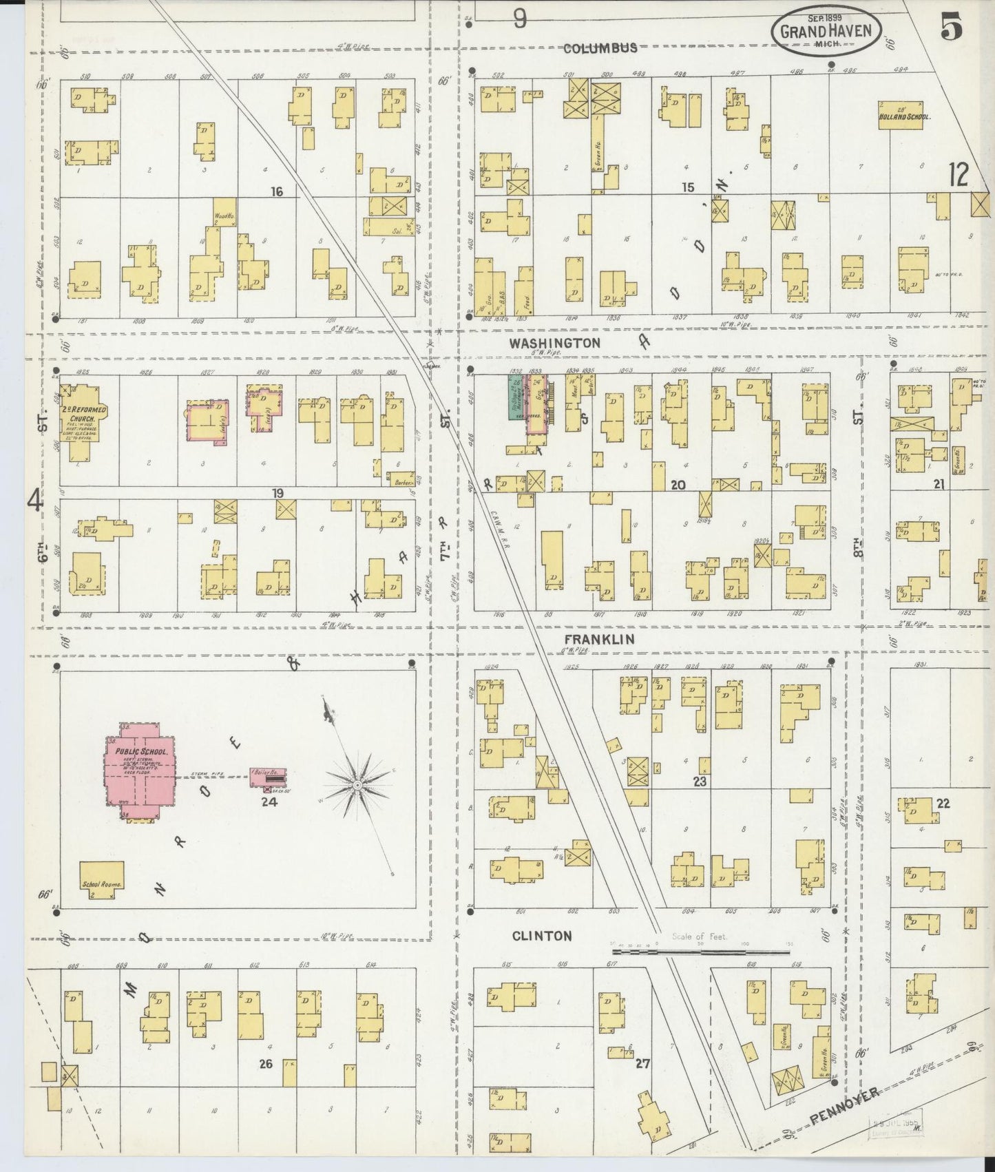 Sanborn Fire Insurance Map from Grand Haven, Ottawa County, Michigan (1899), Sheet #0005 - Historic Sanborn Fire Insurance Map Print, vintage old map wall art, antique decor, genealogy gift, Michigan Michigan map